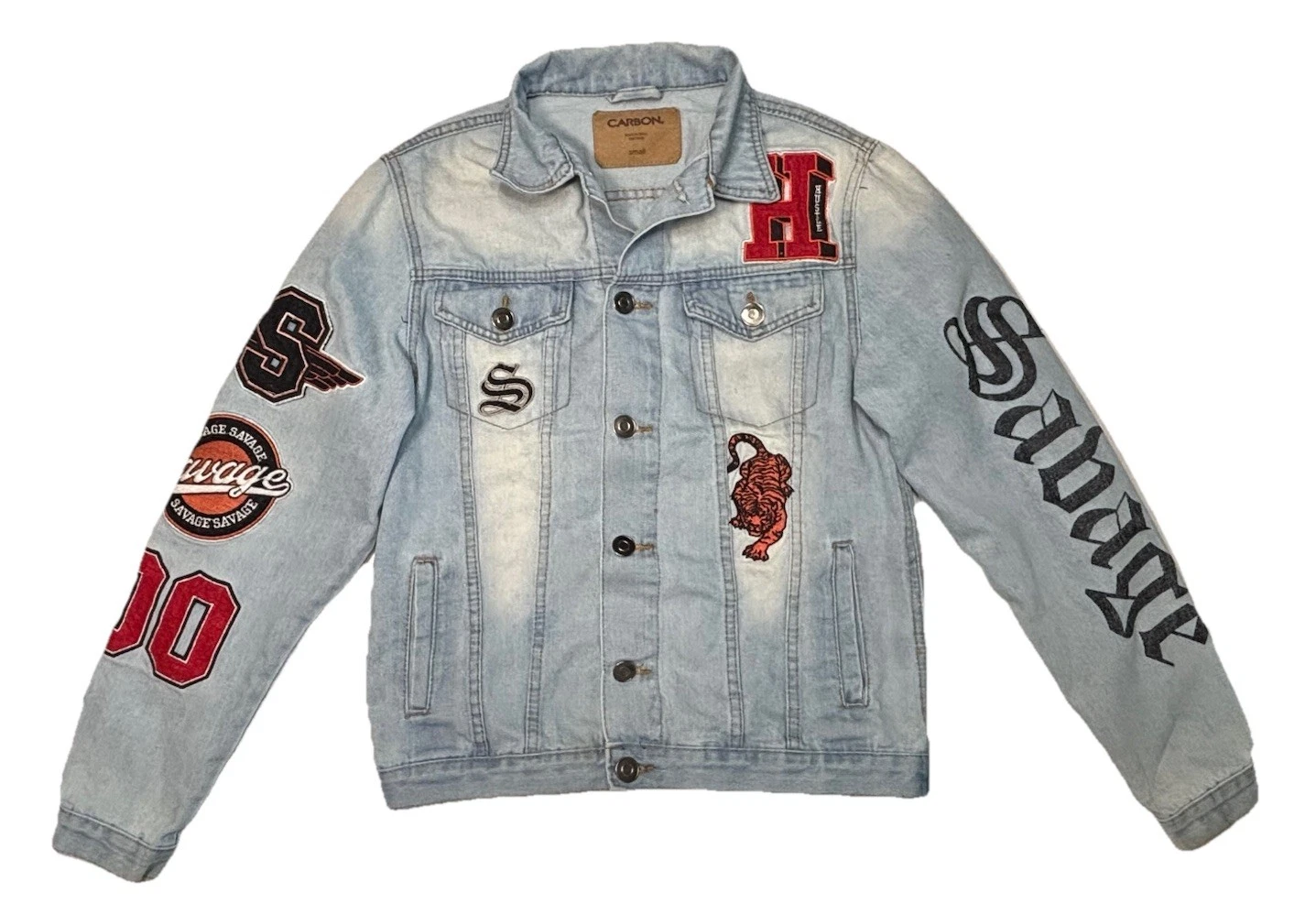 Carbon Patch Denim Jacket Mens Small Light Wash Tiger Embroidered Streetwear