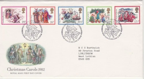 GB Stamps First Day Cover Christmas Xmas Carols, church, singing, holly SHS 1982