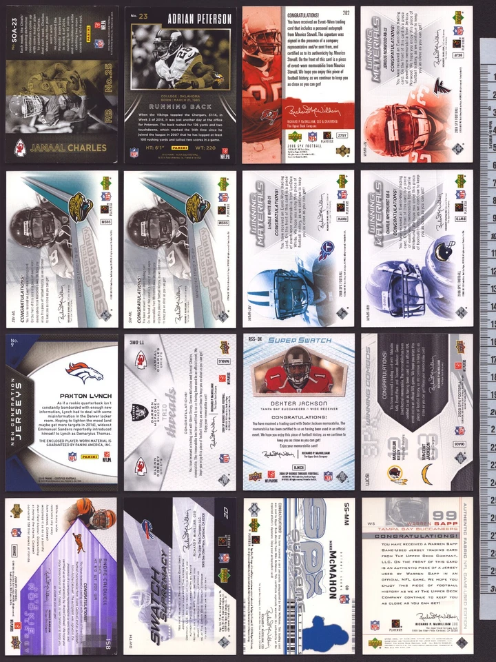 x16 Football Relic/Autograph Auto Lot Sapp Petereson Charles Lewis Jackson /SN - Image 2 of 2