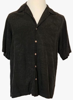 Tommy Bahama Mens Sz M Button Down Shirt 100% Silk Black Tropical Back Print