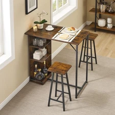 3 Piece Small Bar Table and 2 Chairs Set with 3-Tier Storage Rack Space-Saving