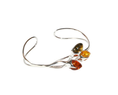 925 Silber Armreif Armband mit drei mehrfarbigen Bernsteinen