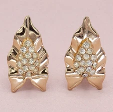 Vintage EmJ Emmons Gold Clear Rhinestone Leaf Earrings - Perfect Holiday Jewelry