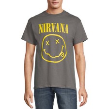 Nirvana All Gender Smiley Logo Graphic Tee Shirt, Men's Size Large, Gray
