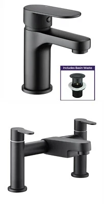 BW-HOUSEWARE Matt Black Bathroom Tap Set Waterfall Bath Filler Basin Mixer Tap Bath Waste