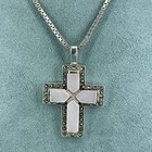 925 Sterling Silver Necklace Cross Pendant Pink Mother Of Pearl Marcasite  23.5”
