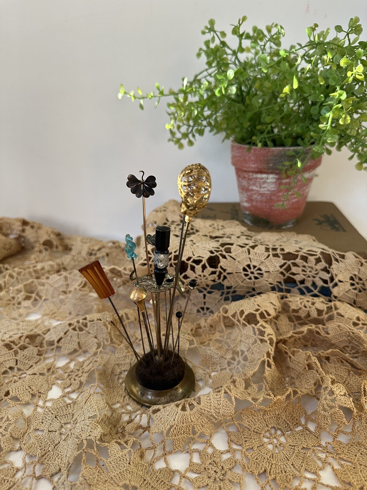 Antiqie Victorian Hat Pin Stand/Holder with a Collection of 15 Vintage