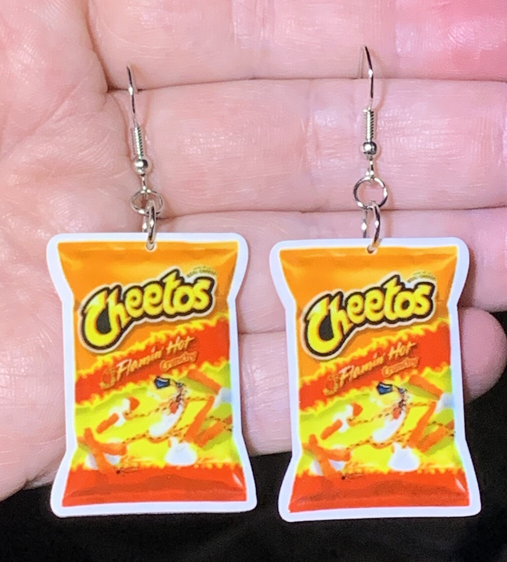 Silver Acrylic Flamin Hot Crunchy Cheetos Bag Drop Dangle Earrings!!