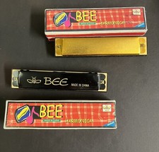 Vintage Bee Harmonica 5" 16 Hole Lot of 2 Black Gold Mouth Organ Instrument Box