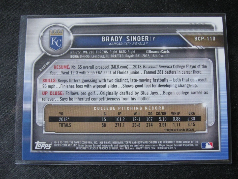 BRADY SINGER 2019 Bowman Chrome Prospects Atomic Reftactors #BCP-110 KC Royals - Image 2 of 2