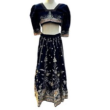 Navy Blue  Gold Heavy Velvet Embroidery Lehenga Ghagri Skirt Party Fancy Weddin