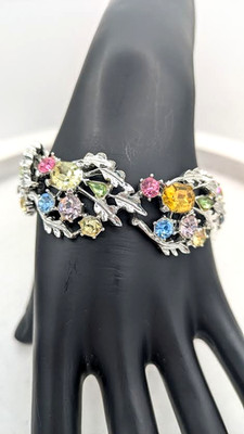 Vintage LISNER Bracelet Rhinestone Pastel Multicolor Silver Tone 7''