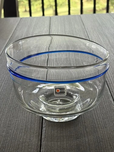 Blenko Hand Blown Clear Art Glass Applied Cobalt Blue Swirl Pedestal TILT BOWL