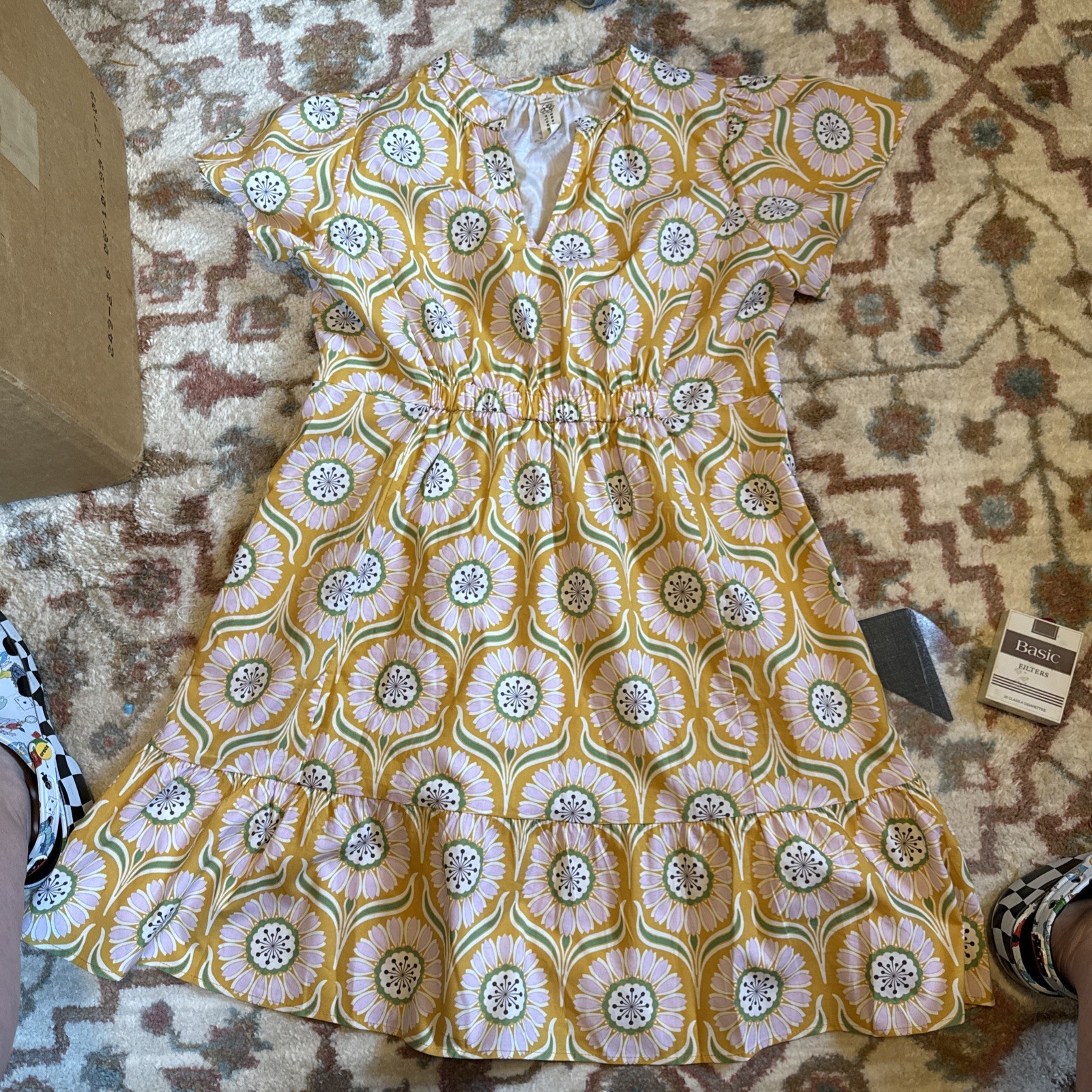 Uncle Frank yellow Pink Floral geometric Flutter Sleeve  Dress Sz large