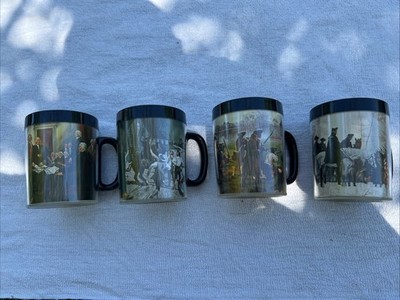 Thermo-Serv Insulated Coffee Mug Set 4 Black Plastic Historical Figures