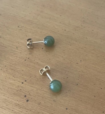 Wells VINTAGE boho Green Jade Sphere Ball Solid 14k Yellow Gold Stud Earrings