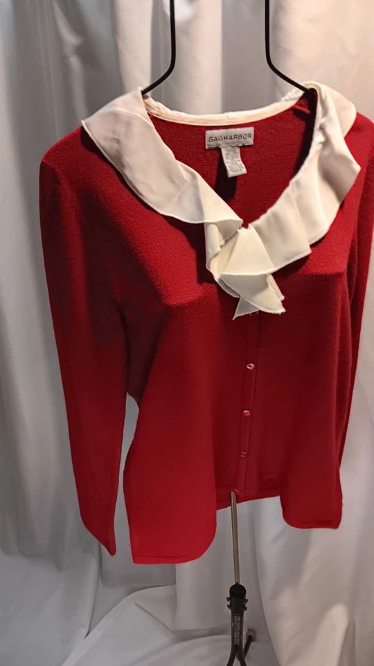 sag Harbor 女式毛衣 XL 码大号白色雪纺荷叶边领长袖 — 第 2/4 张图片