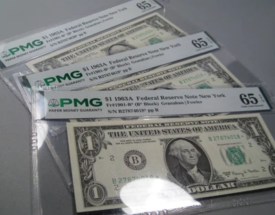 3 Consecutive Serial Number ⭐STAR⭐ 1963-A $1 FRN Notes. PMG GEM UNC 65 EPQ - Image 1 of 4