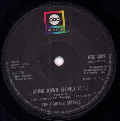 Pointer Sisters Going Down Slowly 7'' vinyl UK Abc 1975 solid paper label design