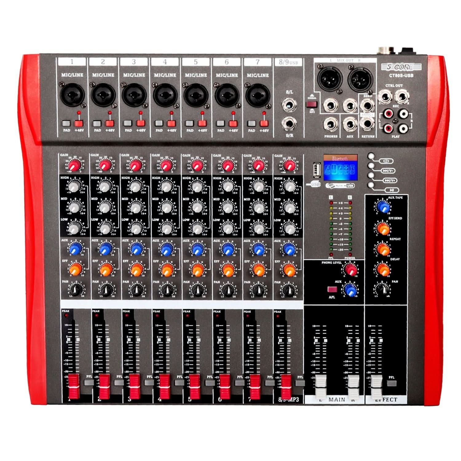 5Core Audio Mixer 8 Channel DJ Soundboard USB Interface Bluetooth XLR Console