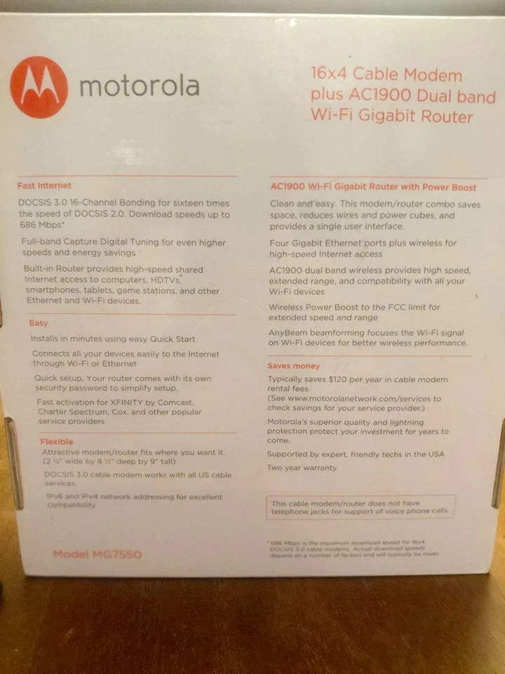 Motorola MG7550 (16x4) Cable Modem + AC1900 Wi-Fi Router Combo  DOCSIS 3.0    - Image 2 of 4