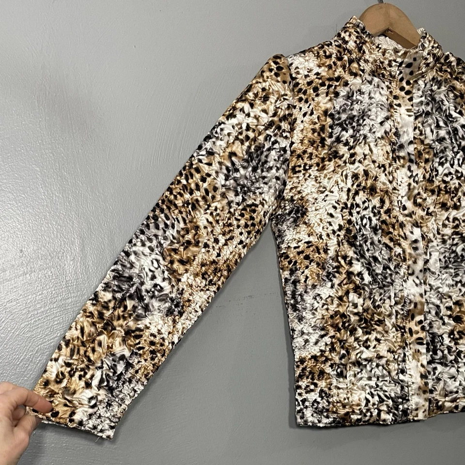 Ruby Rd Leopard Print Jacket Size Small Textured Crinkle Satin Artsy Mob Wife - Image 2 of 4