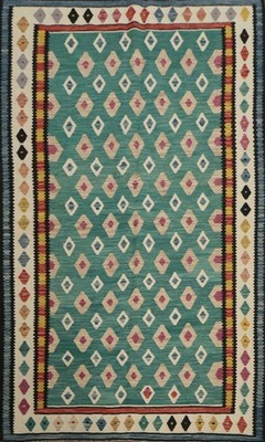 Green Kilim Area Rug 5x8 Flat-woven Geometric Turkish for Boho Chic Interiors