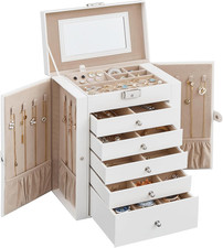 6 Layer Jewelry Box Organizer 5 Drawers Storage Case Lock Mirror White UJBC152W0