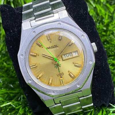 Rare Pagol V90 Automatic Gold Dial Sunburst Watch Vintage Dress Men Silver