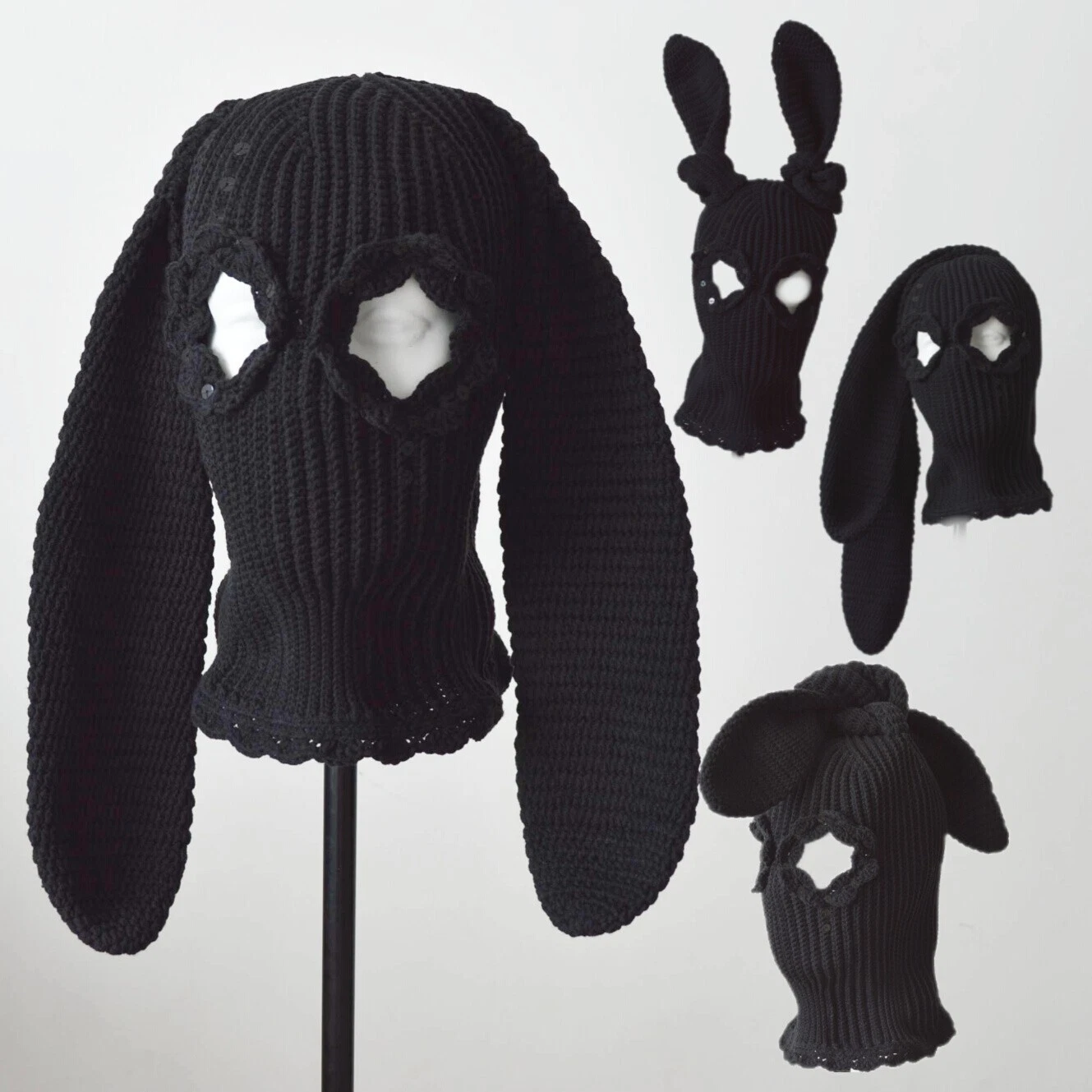 Custom black bunny crochet balaclava Knit cute hat two holes ski mask with ears