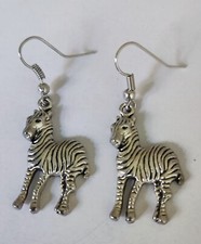 Zebra earrings Pewter Dangling style Silvery colour on hock for pierced ears