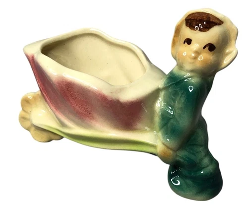 Vintage Shawnee Pottery Planter Pixie Elf Pushing A Wheelbarrow