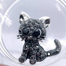 Black Cat Rhinestone Brooch Sparkly Antique Silver Lapel Pin Kitty Backpack Hat