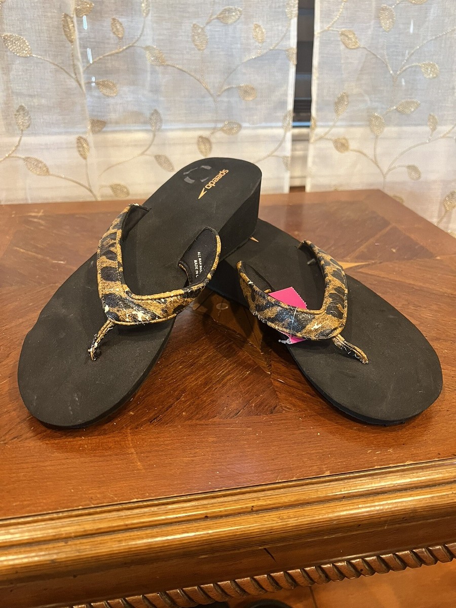 Speedo Women’s Fun Wedge Flip Flop Thong Sandals Cheetah Leopard Brown Sz  10 S36