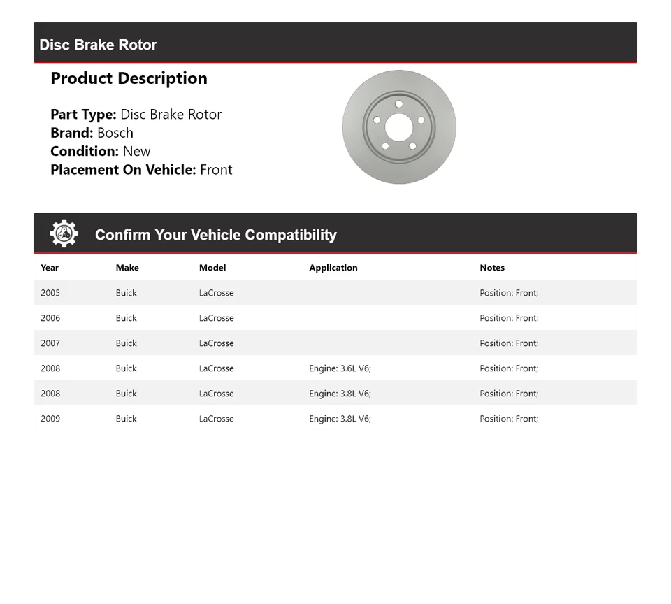 Rotor de freno de disco delantero para Buick LaCrosse Bosch QuietCast 2005-2009 2006 2007 Foto 2 de 4