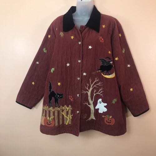 Quacker Factory Halloween Applique Corduroy Burgundy Jacket Coat Women XL VTG