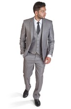 Slim Fit Men Suit 3 Piece Vested Silver Grey Notch Lapel Double Vents AZAR MAN