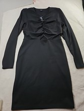 Express Black, Long Sleeved Mini Dress With Ruched Bodice & Crew Neck Sz S New