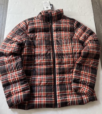 **BRAND NEW* EDDIE BAUER DOWN PUFFY JACKET Women's size Medium Orange/Navy Plaid