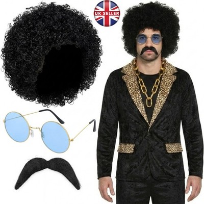 Erwachsene 60er 70er Disco Hippie Kostüm Perücke Schnurrbart Lennon Brille Fun Party Set