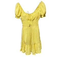 Angel Biba Milkmaid Yellow Smocked Puff Sleeve Tiered Mini Medium Dress Empire