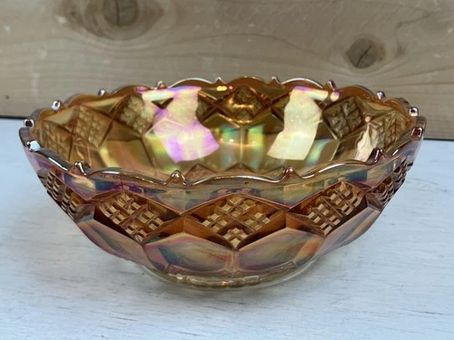 8 '' Vintage Carnival Glass Bowl Iridescent Orange w/@ Rings of Diamond Pattern