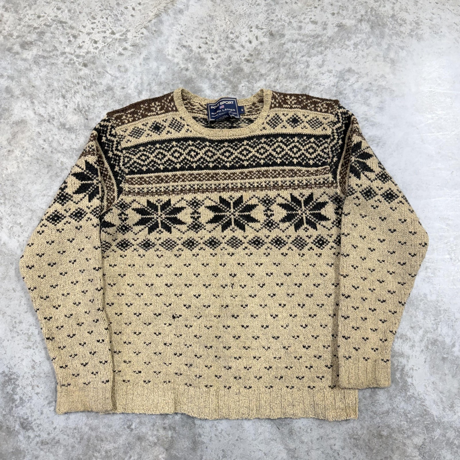 Vintage Polo Sport Ralph Lauren Sweater Mens Medium Beige Fair Isle Wool Ski 90s