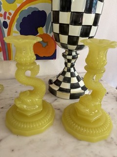 EAPG Rare Portieux Vallerysthal Canary Vaseline Glass Dolphin Candlesticks
