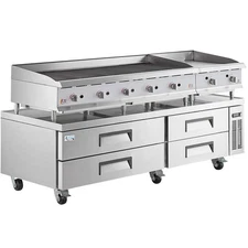 84" 4 Drawer Refrigerated Chef Base with 60" Gas Radiant Charbroiler and 24" Gri
