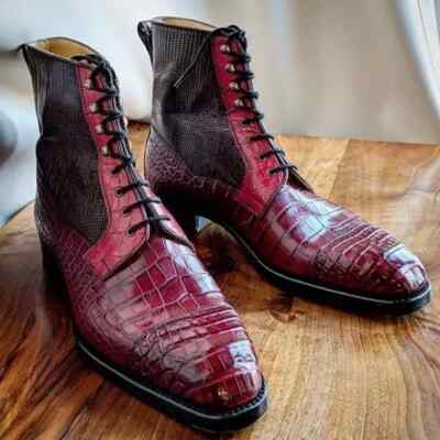 Handmade Men's Burgundy Crocodile Textured Leather High Ankle Boots Men Boots