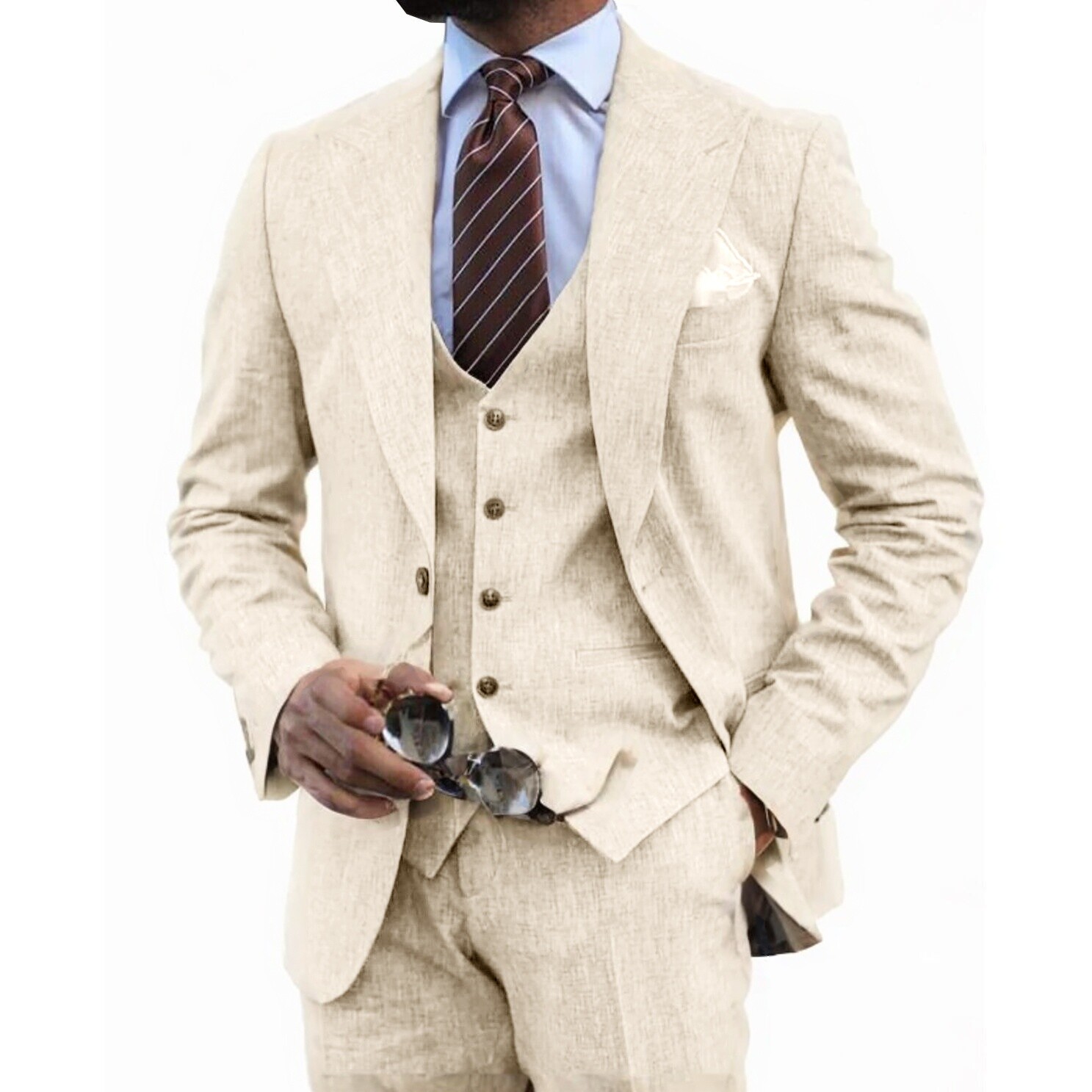 Men Linen 2Pcs Suit Beach Groom Summer Wedding Tuxedo Blazer