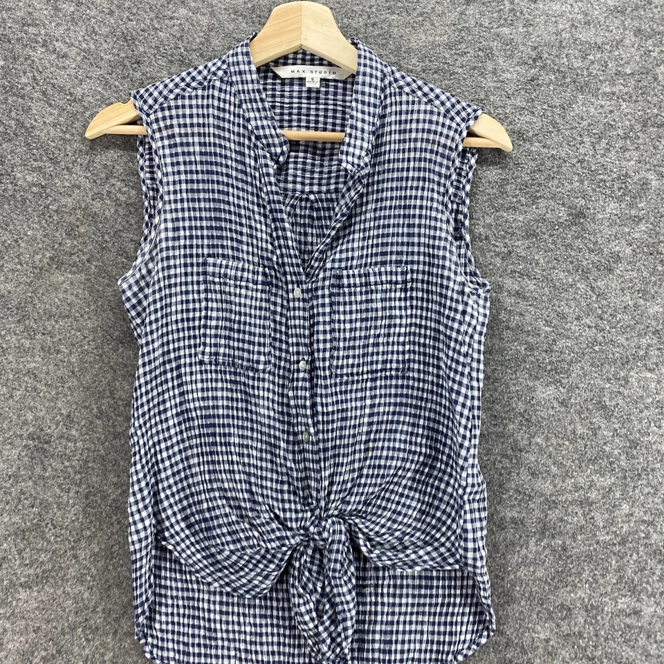 Camisa Max Studio Mujer S Pequeña Negra A Cuadros Abotonada Cuello en V Sin Mangas Atar Foto 3 de 4