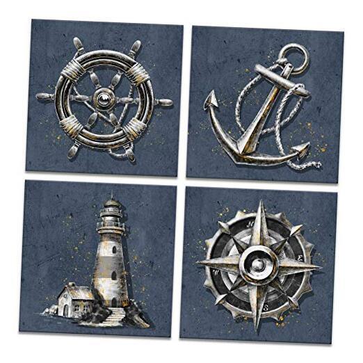 4-Piece Coastal Wall Decor Set with Ship Wheel, Anchor, Lighthouse & Compass  