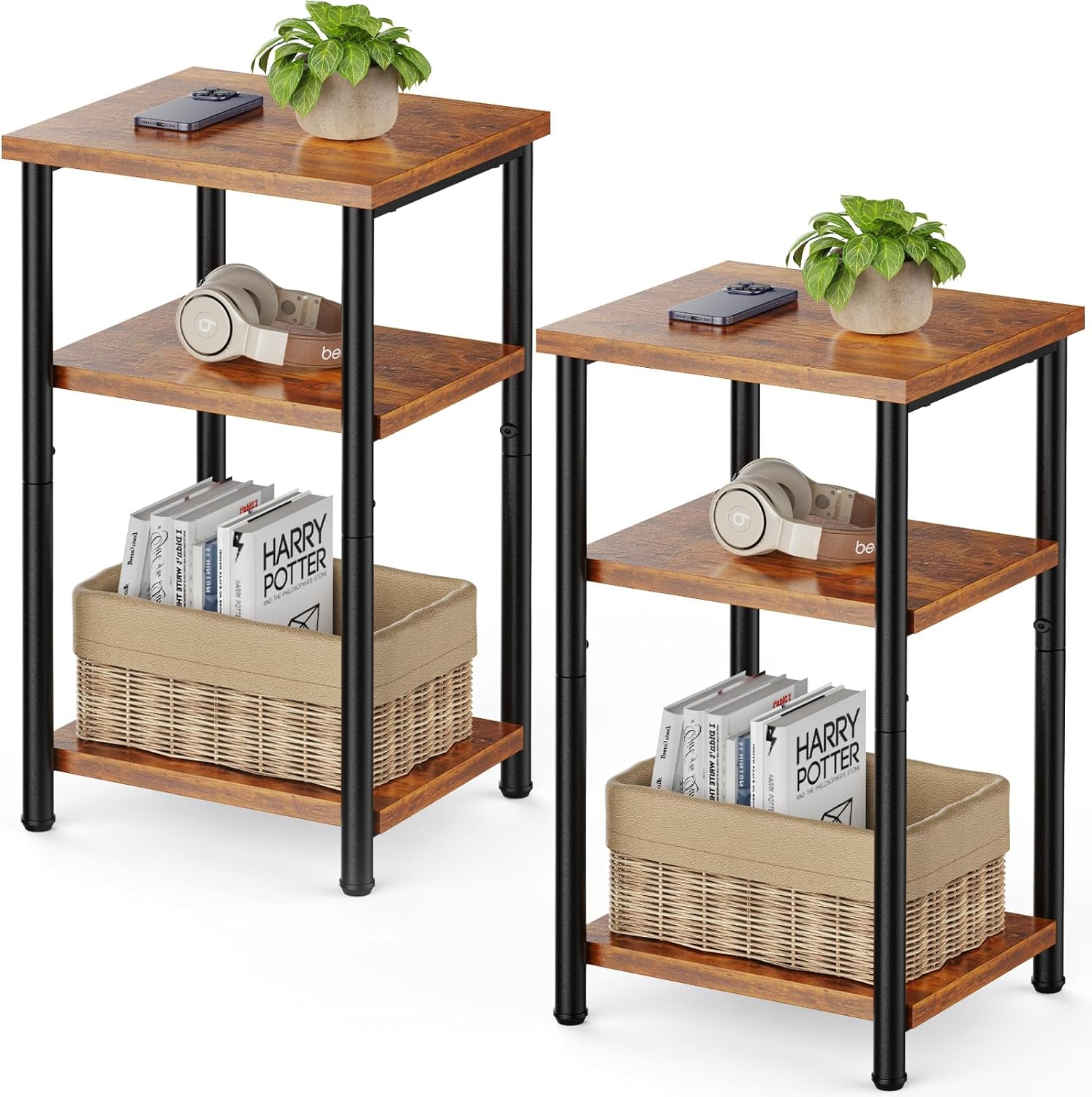 3-Tier End Table Set of 2, Side Table with Adjustable Feet, Small Nightstand Spa